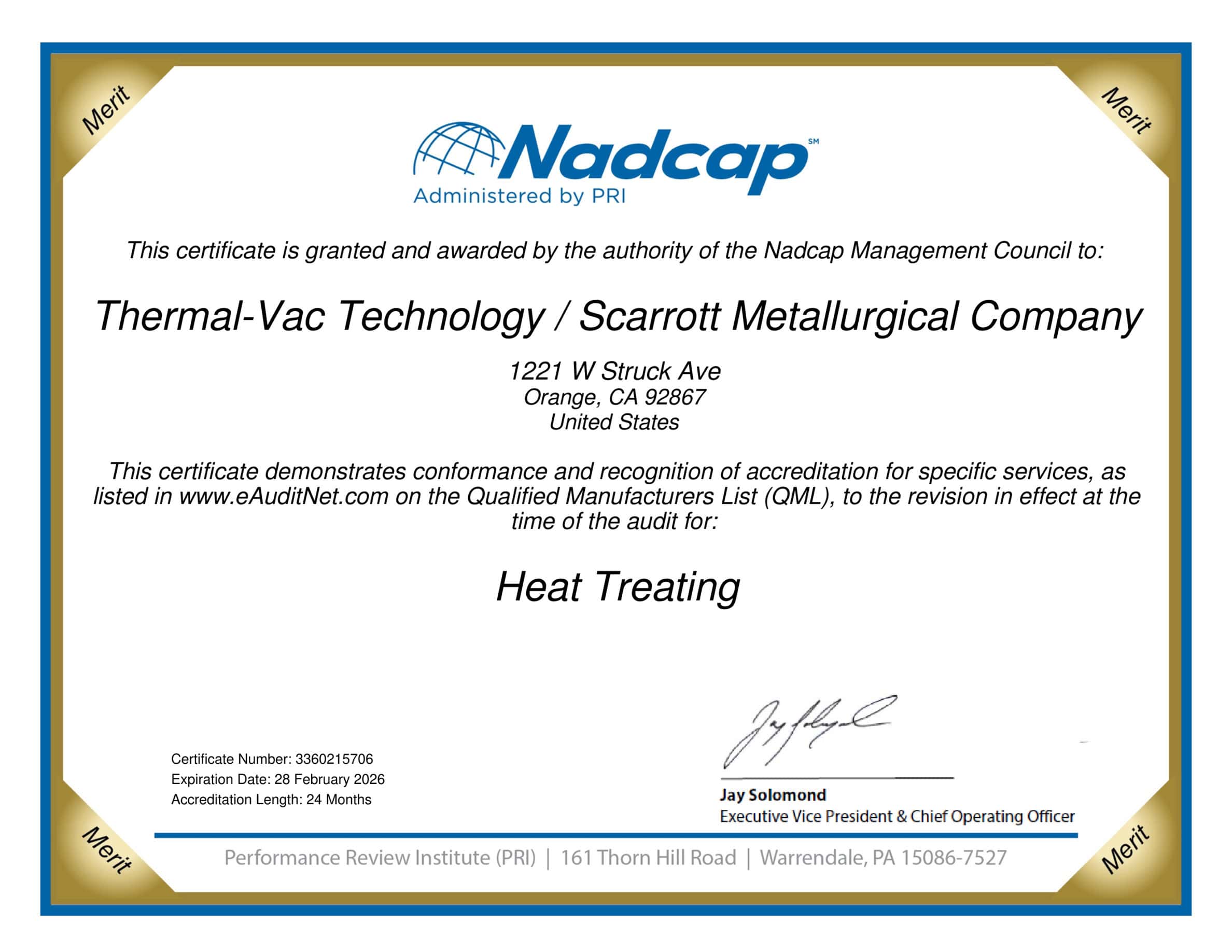 Nadcap HT certification